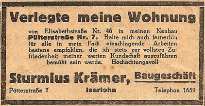 Historische Anzeige von Sturmius Krämer zur Wohnungsverlegung in Iserlohn, Baugeschäft in der Pütterstraße, ca. frühes 20. Jahrhundert