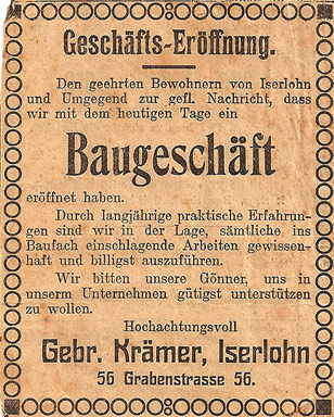 Historische Anzeige zur Geschäftseröffnung des Baugeschäfts Krämer, 1911 in Iserlohn, Gebrüder Krämer, Grabenstraße 56